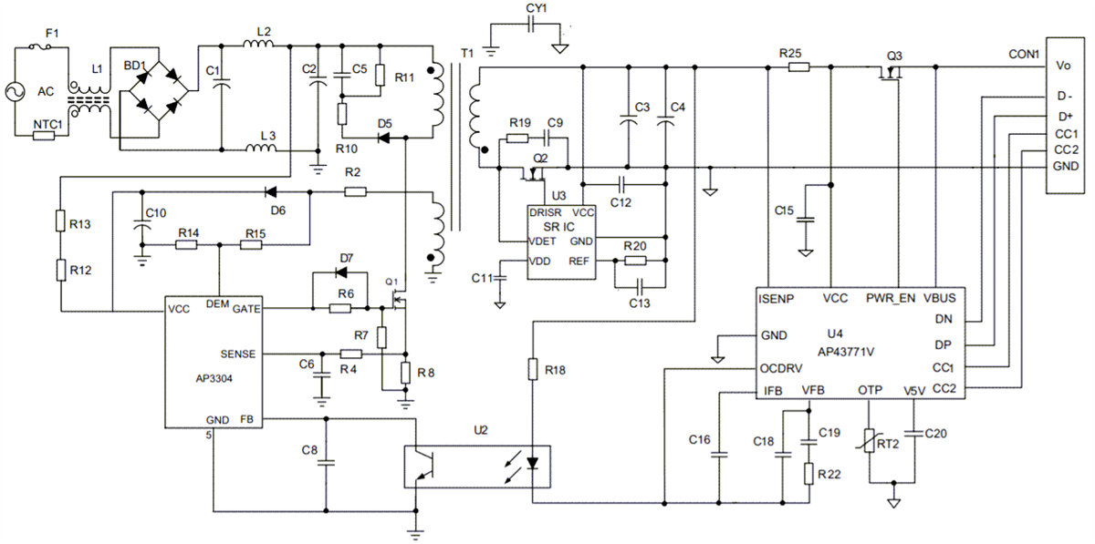 应用电路图 - Diodes Incorporated AP3304多模PWM控制器